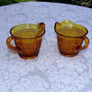 Vintage Sugar and Creamer Tiara Amber Sandwich Glass by Indiana Glass